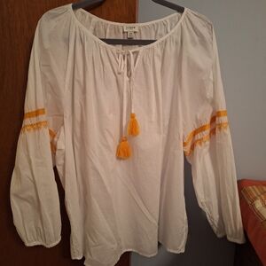 J. Crew 100% Cotton White Peasant Blouse with Yellow Tassel Trim Women's Size 2X